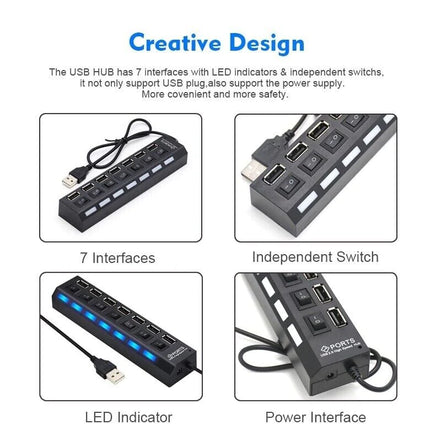 7 Port USB 2.0 / 3.0 Hub Splitter Adapter High Speed for PC Laptop Mac Desktop